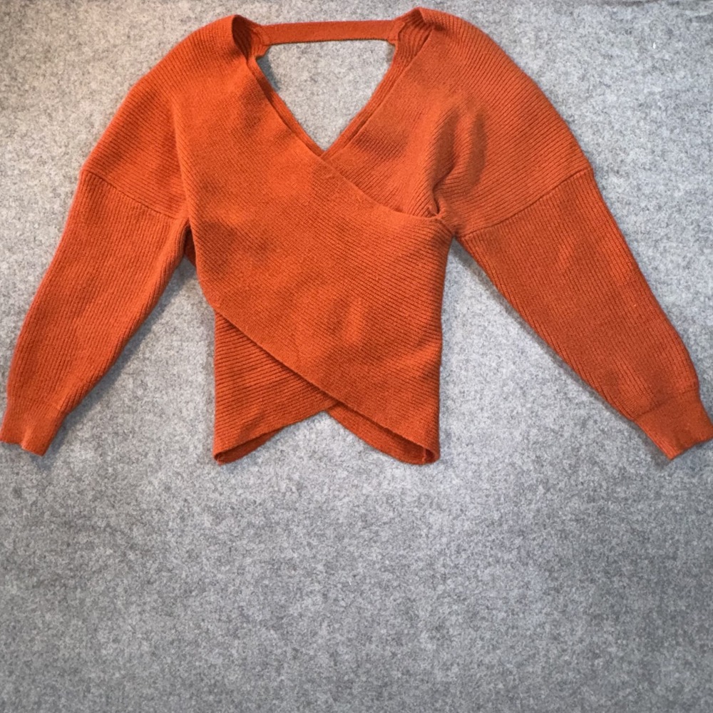 Kirundo Surplice Wrap Knit Sweater Small Burnt Orange Open Back Ribbed